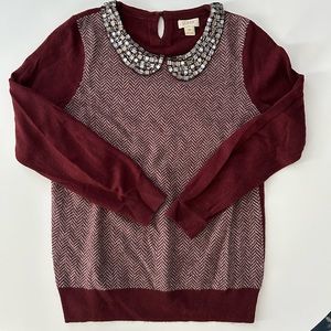 J. Crew Factory Burgundy and Gray Sweater with Embellished Collar